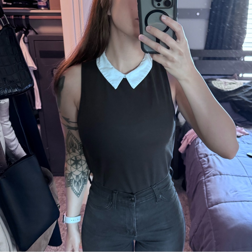 Black Sleeveless Top with White Collar